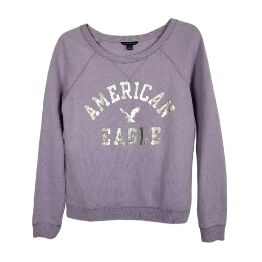 American Eagle Wide Neck Sweatshirt Purple Lilac Light Weight Silver Metallic XS